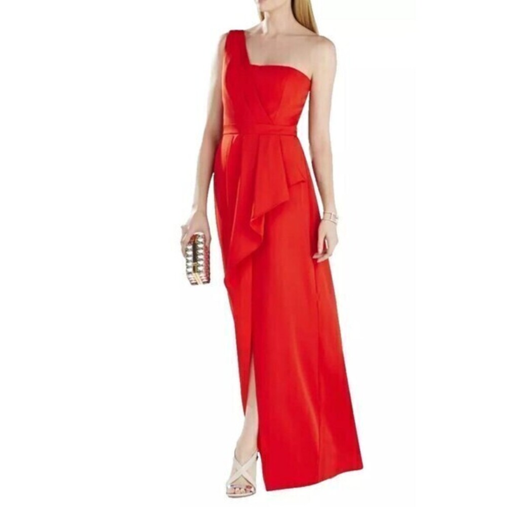 BCBG MaxAzria 'Kristine' ~ Orange One Shoulder Long Length Ruffled Peplum Gown 6